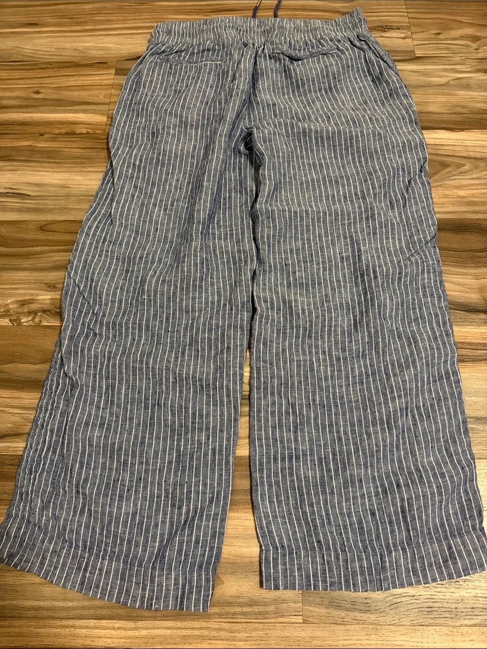 Quince European Linen Wide Leg Drawstring Pants Chambray Stripe Women XL Coastal